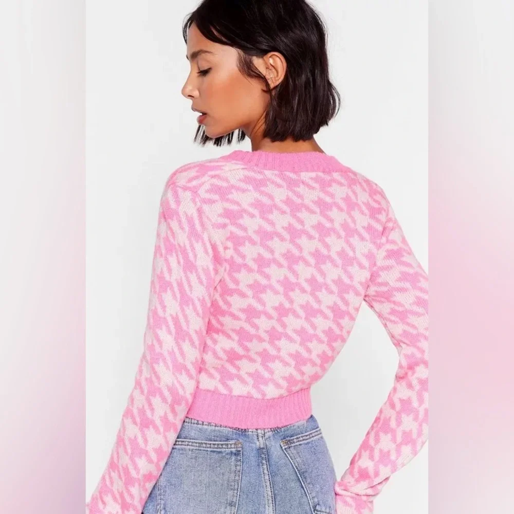 NastyGal Got Knit Right Barbiecore Pink & White Houndstooth Cropped Cardigan - S - Picture 5 of 17